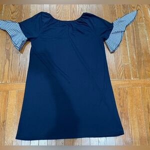 Espresso Navy dress with Gingham Sleeves